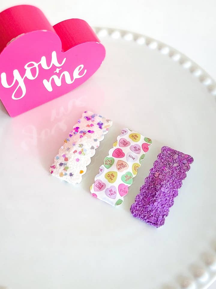 2.5" Rectangle Scallop Snap Clip 3pak-Conversation Hearts for wholesale by Dainty Delights Creations