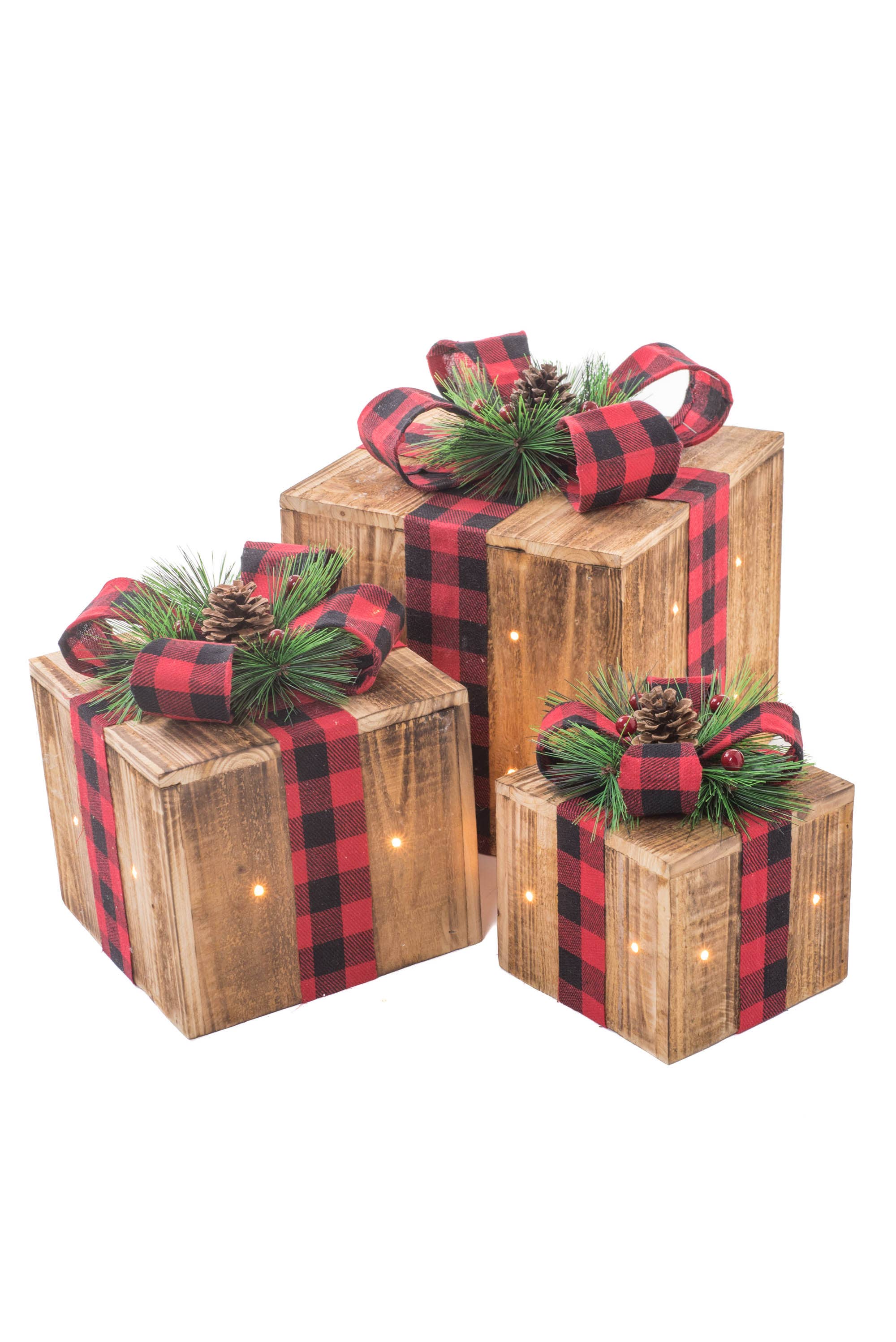 Starlight Collection - Wholesale Christmas Decoration - Umber Illuminated 3 Piece Present Set w/ Plaid Ribbon0
