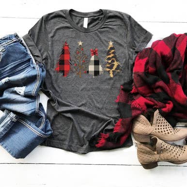 Patterned Christmas Trees Plaid Glitter Screen Print Heat Transfer for wholesale by Trendy Transfers