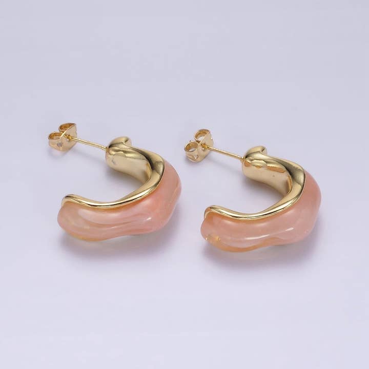 14K Gold Filled 25mm Green, Cream, Pink, Brown C-Shaped Resin Hoop Earrings | AE157 for wholesale by Aim Eternal