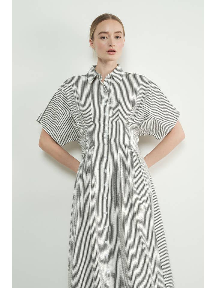 MAD3228 STRIPE BUTTON FRONT PLEATED MIDI SHIRTS DRESS for wholesale on Faire