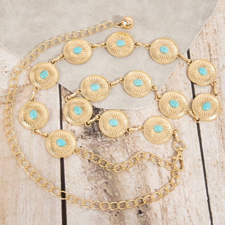 Turquoise Stud Ornate Disc Concho Chain Belt for wholesale by Collections by Fame Accessories