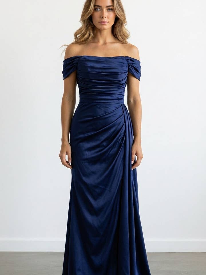 Navy blue long satin dress for wholesale by Les Voiliers