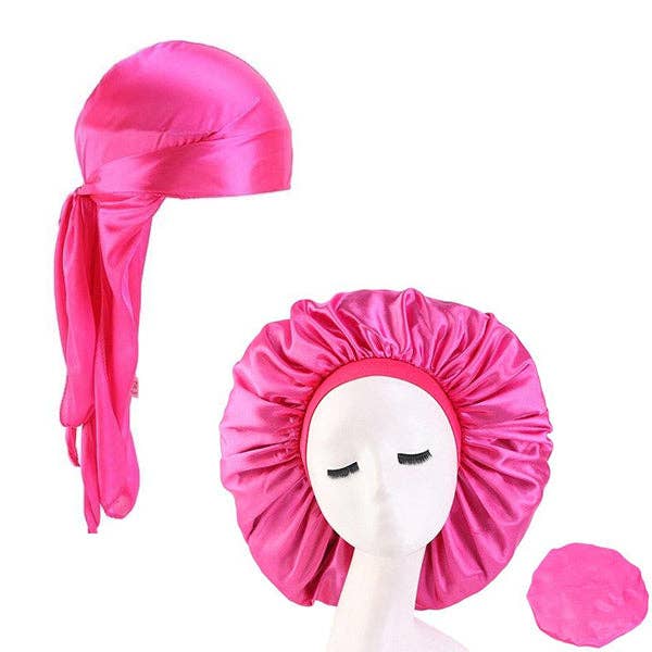 XL Hot Pink Silky Durag & Wide Band Bonnet Set for wholesale by Taelor Boutique