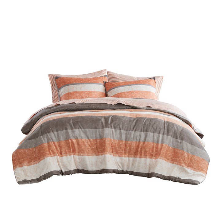 Olliix - Wholesale Bedding Set - Stripe Modern Comforter Set with Bed Sheets, Coral/Grey14