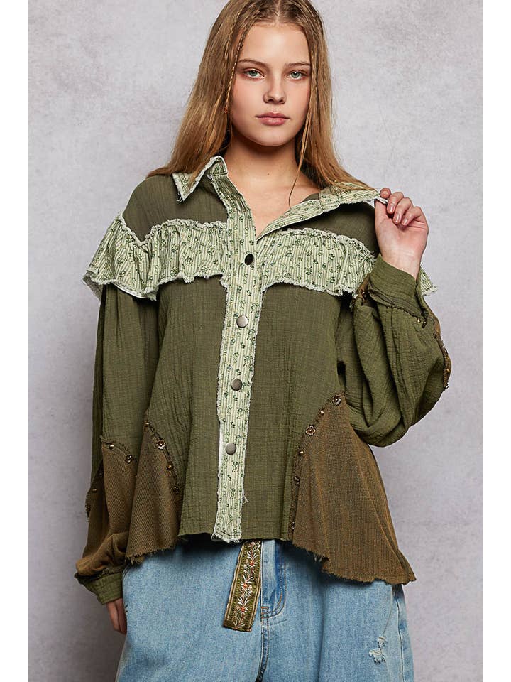 Pol Clothing - Wholesale Buttoned-down shirt – Women's - Balloon sleeve double gauze printed floral stud shirt SALE25