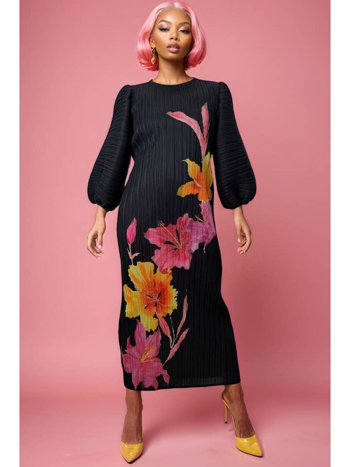 BLACK N2525 PUFF SLEEVE CRINKLED DRESS for wholesale on Faire0