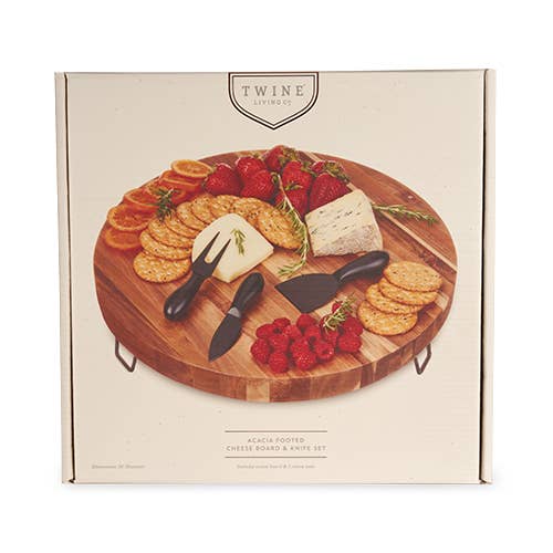 Twine - Wholesale Cheese Board - 16" Metal Footed Acacia Cheese Board & Knives Set - Set of 3