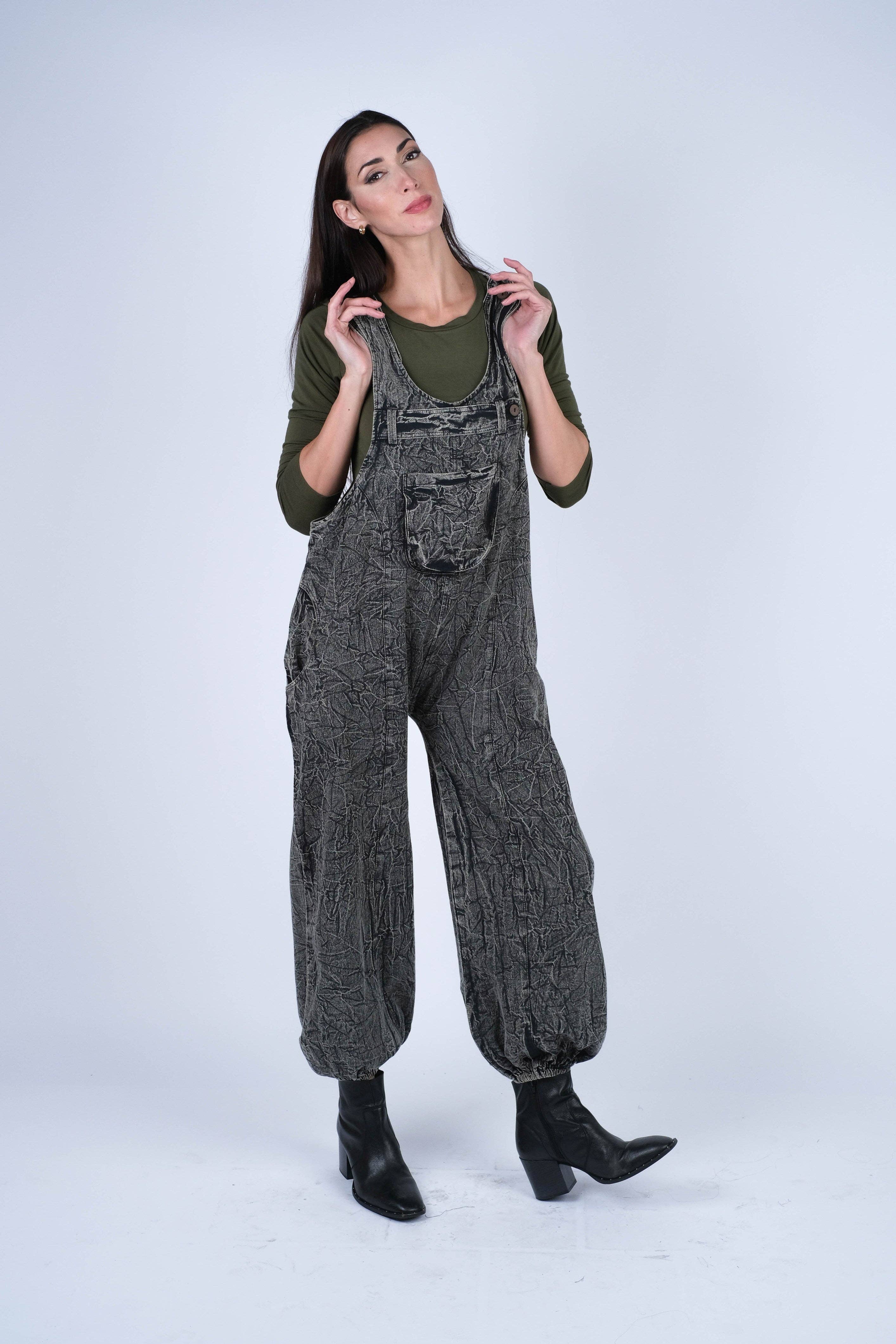 Sacred Threads - Wholesale Overalls - Women's - Textured Stone-Washed Cotton Overalls Cuffed Bottoms1