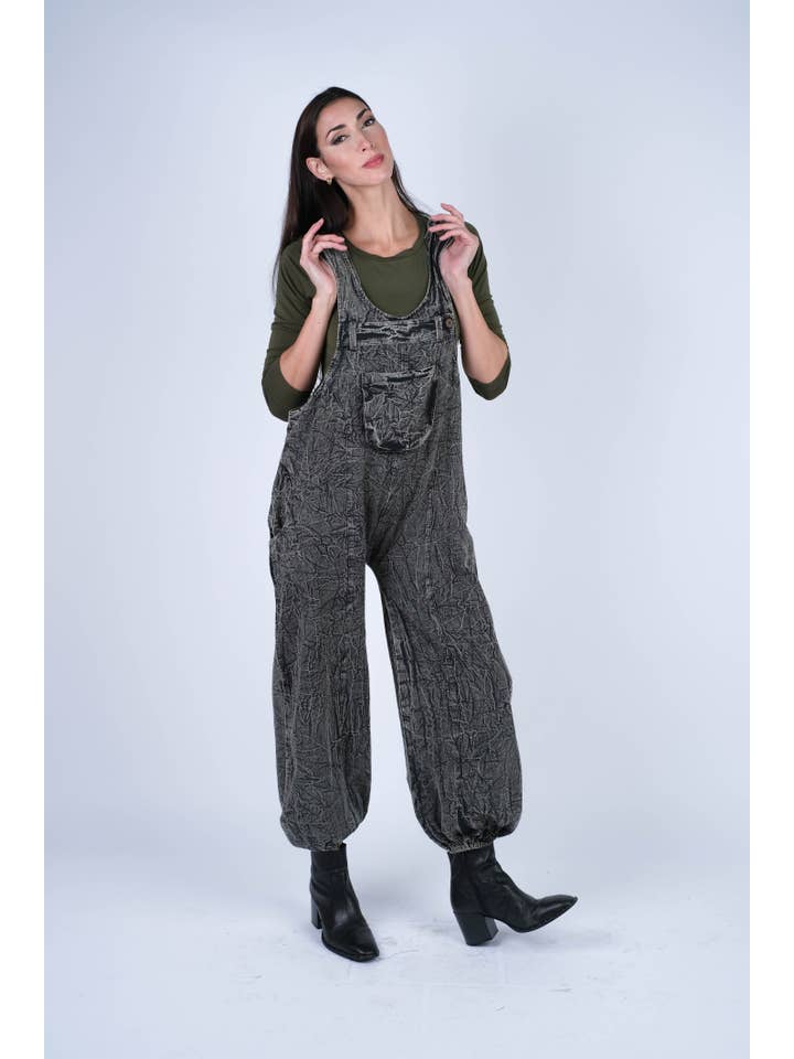 Sacred Threads - Wholesale Overalls - Women's - Textured Stone-Washed Cotton Overalls Cuffed Bottoms1