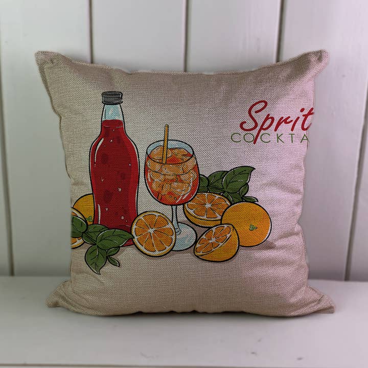 Fodera per cuscino estivo Aperol Spritz con arance in lino per la vendita all'ingrosso da parte di Hills Of Fabric