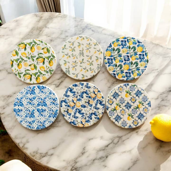 Gia Roma - Wholesale Coasters - Mediterranean Lemon Coasters | Coastal Blue & Yellow Accents