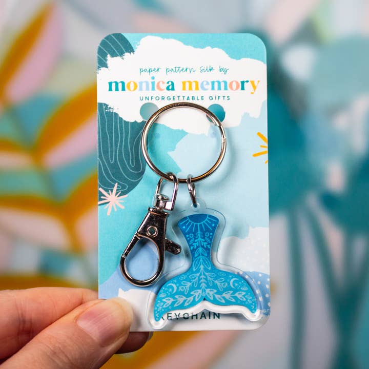 Folk Art Whale Tail Keychain - Teal Ocean Maritime for wholesale by Paper Pattern Silk