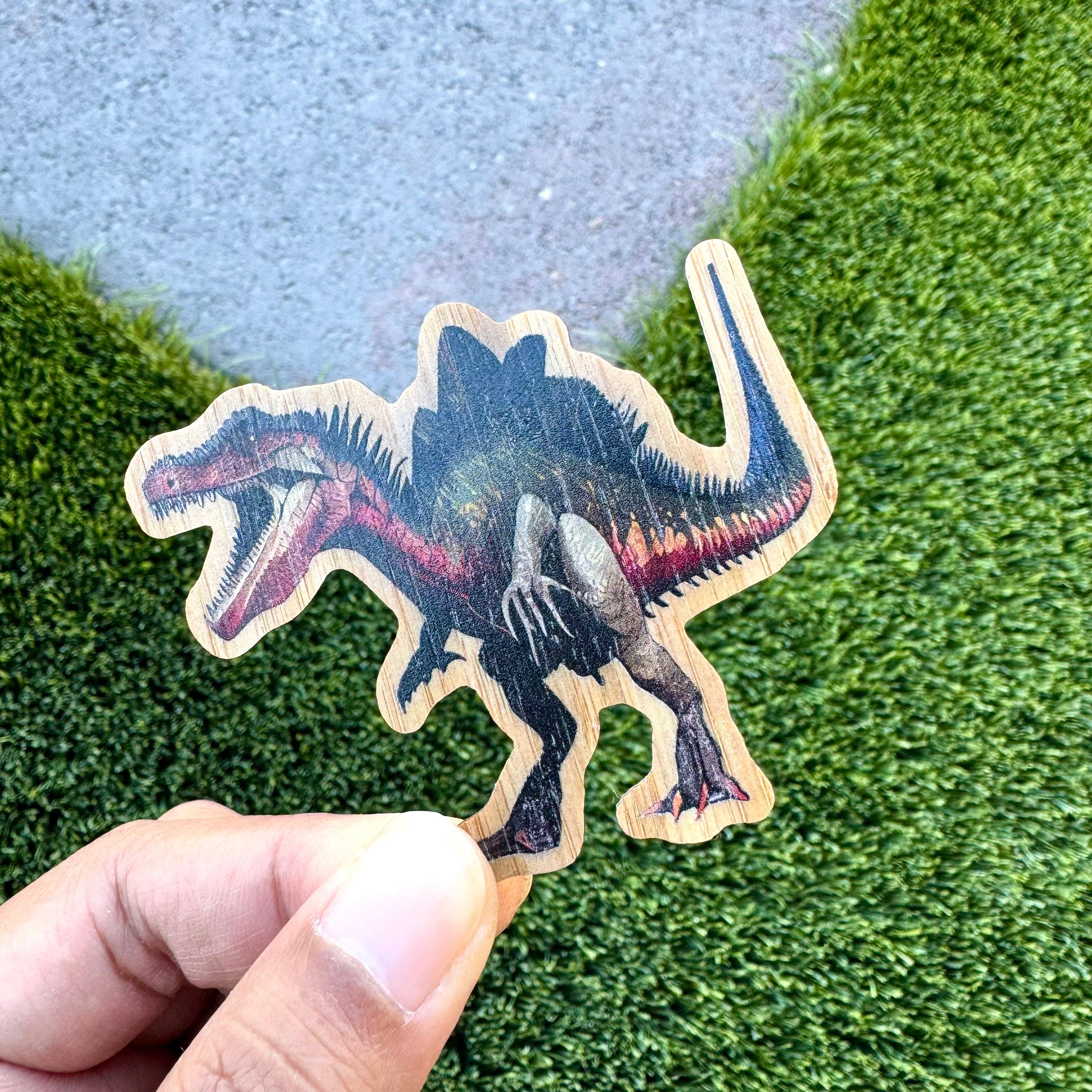 AFK Design Co - Wholesale Sticker - Spinosaurus Dinosaur Bamboo Wood Sticker, Made in Las Vegas0