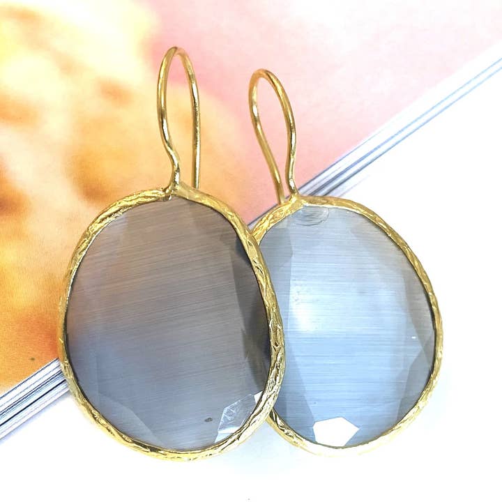 Large grey cateye stone earrings for wholesale by Chic Le Freak