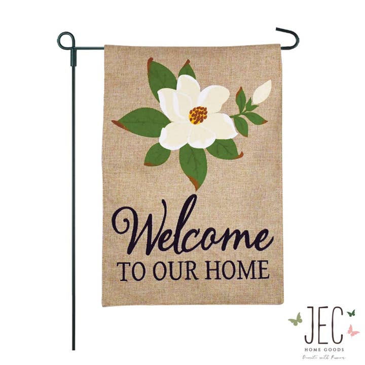 JEC Home Goods Inc - Wholesale Flag - Magnolia Welcome Burlap 2-Sided Garden Flag 12.5x18"1