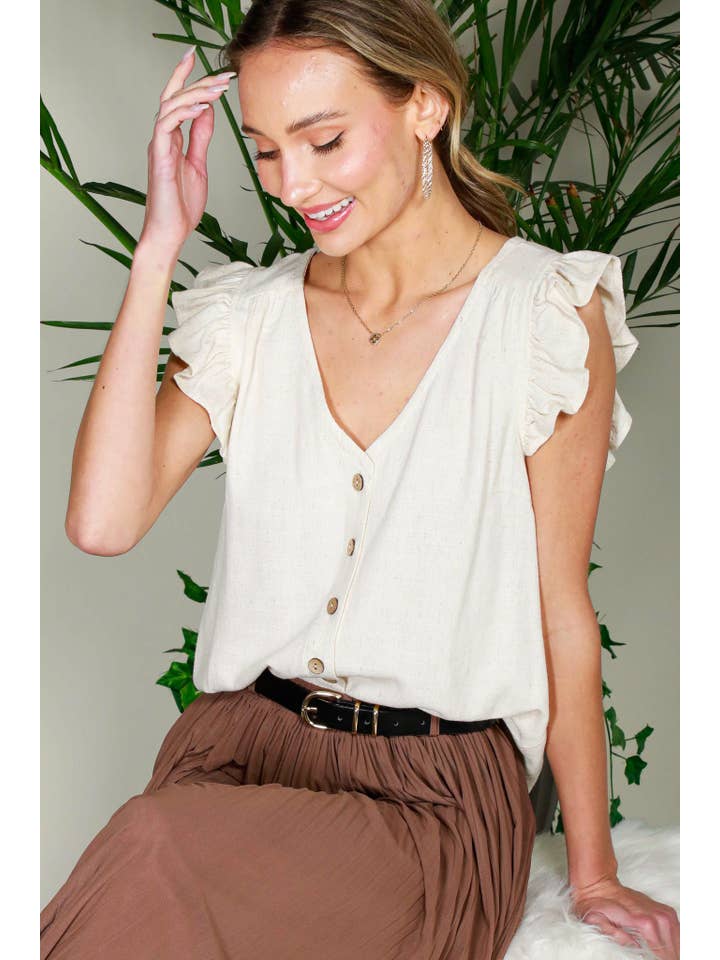 Vine & Love - Wholesale Blouse - Women's - V-Neck Sleeveless Ruffle Detail Cotton Linen Top VT81688