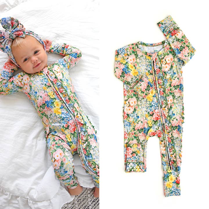 Joanna RUFFLE ZIP Bamboo One Piece Floral Baby Clothing for wholesale by Gigi and Max