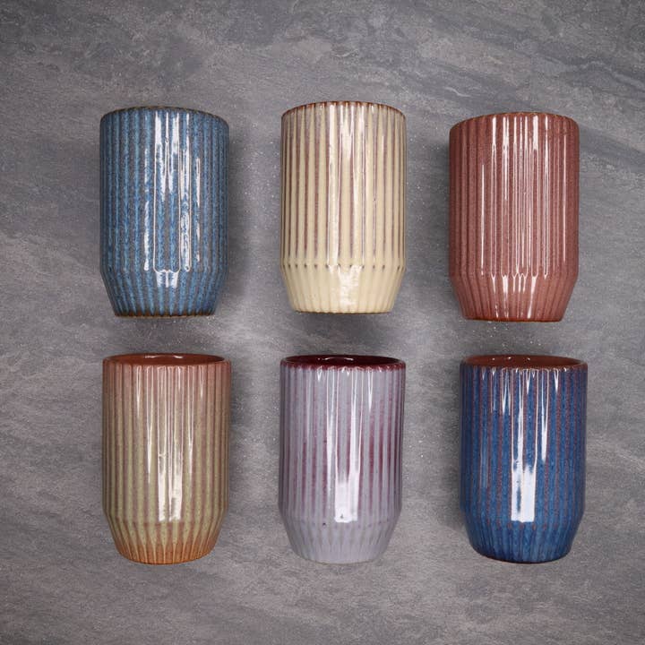 HOLD SUPPLY - Venta al por mayor Vaso/copa - Vaso de cerámica de gres acanalado redondo azul y gris de 16 oz