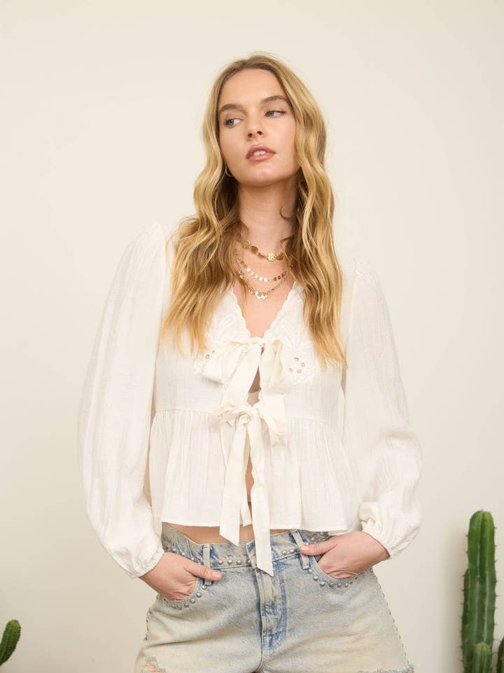 FLORAL EYELET EMBROIDERY FRONT TIE LONG SLEEVE TOP for wholesale by MINE