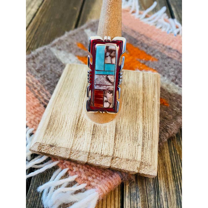 Nizhonitradersllc - Wholesale Cocktail/Statement Ring - Navajo Sterling Silver & Multi Stone Inlay Ring Size 7.75