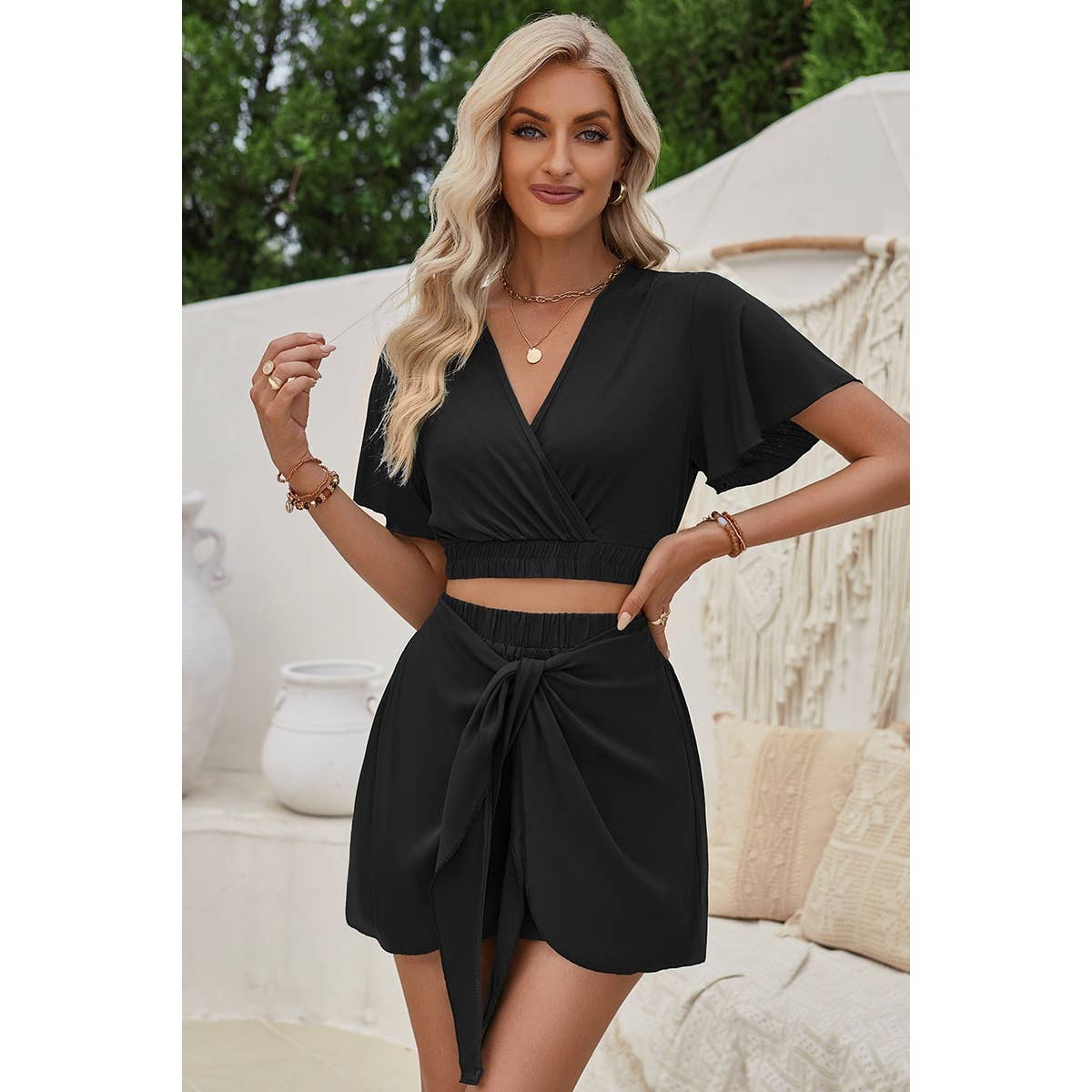 BLACK Two Pieces V Neck Ruffle Crop Shirt And Wrap Sets for wholesale on Faire1