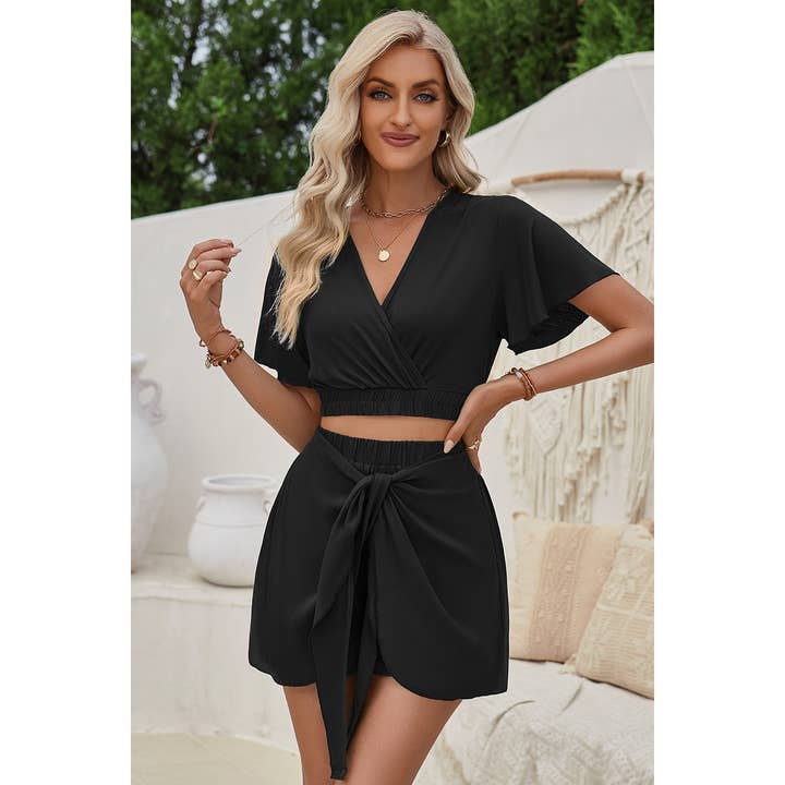 BLACK Two Pieces V Neck Ruffle Crop Shirt And Wrap Sets for wholesale on Faire1