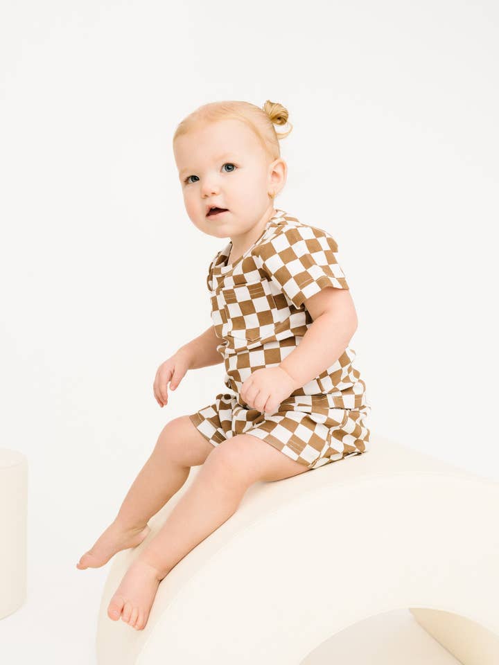 Little One Shop - Wholesale Top & Short Set - Kids - Brown Checkered Pocket Set