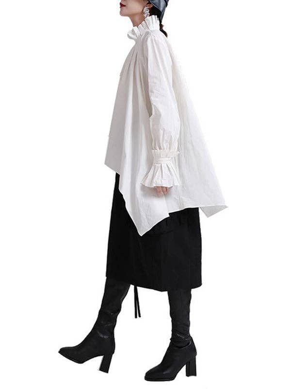 WHITE Original Stylish Irregular Pleated Buttoned Stand Collar Long Sleeves Blouse for wholesale on Faire12