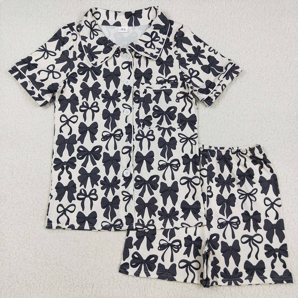 Aier Wholesale - Wholesale Sleepwear Set - Kids - Mommy and Me Baby Girls Black Bows Button Pocket Top Short Pajamas Sets2