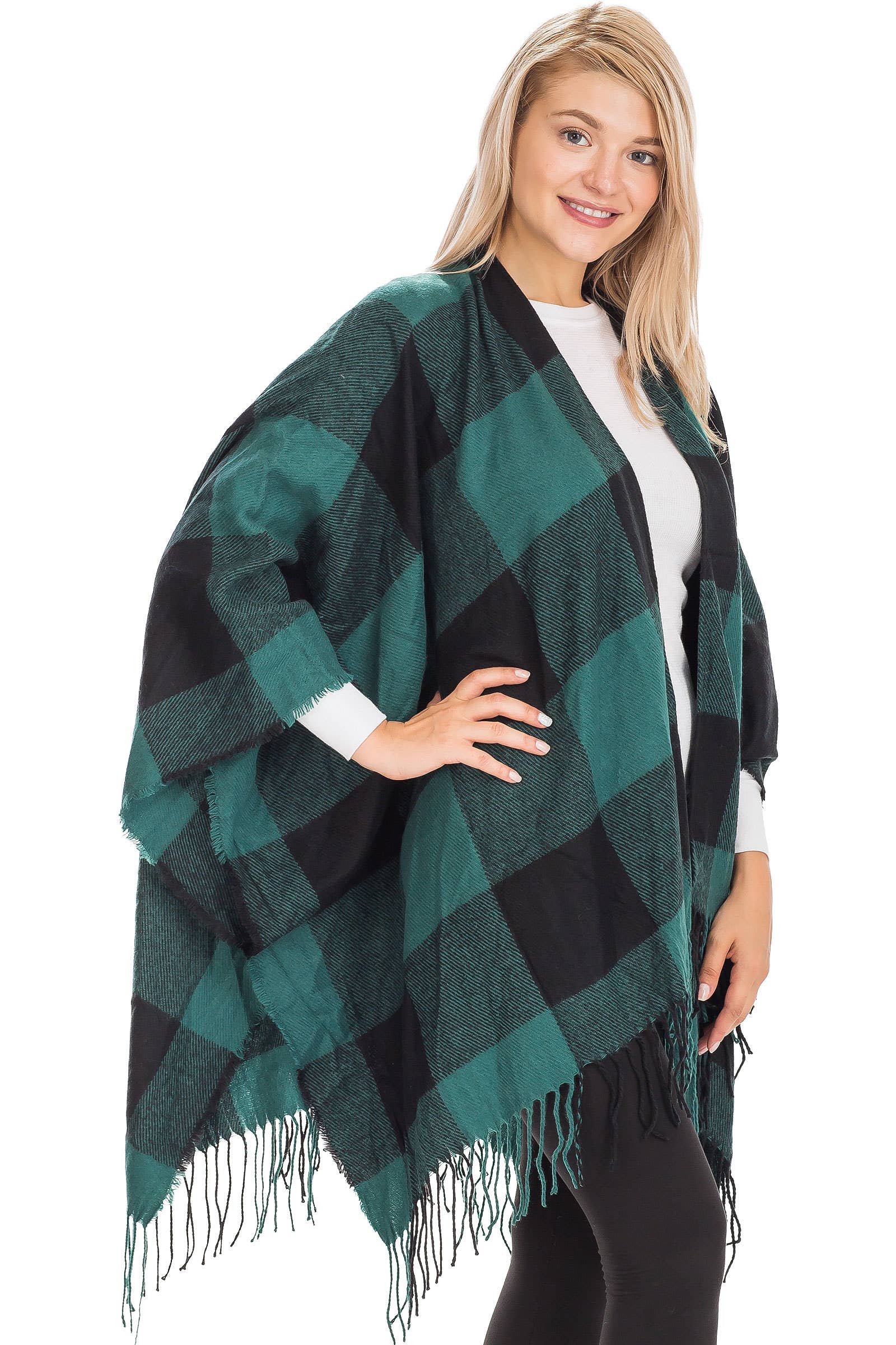Cap Zone – wholesale Poncho – Women's – Classic Buffalo Check Plaid Ruana Poncho2