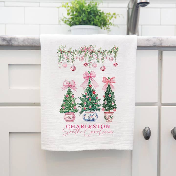 White Cotton Tea Towel-Blush & Baubles Christmas | Customizable for wholesale on Faire3
