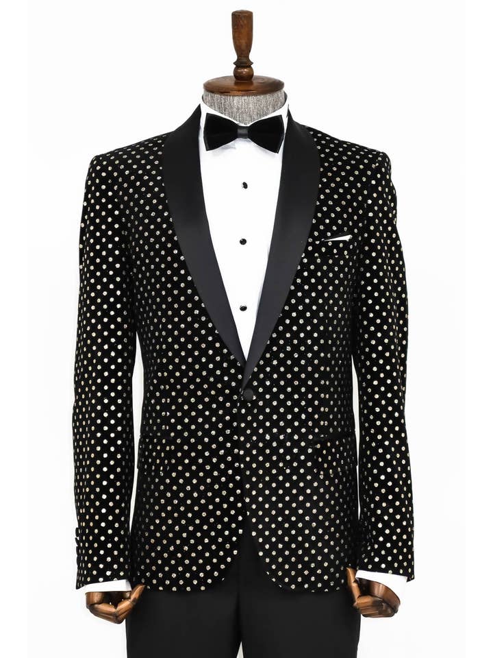 Negro Blazer de Promoción para Hombre Negro de Ajuste Entallado con Patrón de Puntos - Solapa de Chal de venta al por mayor en Faire