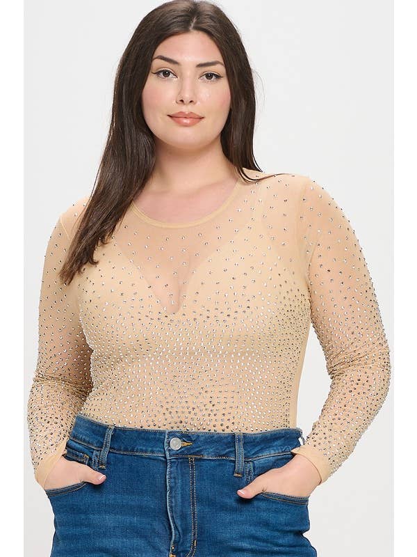 Curve Market - Wholesale Bodysuit - Women's - PLUS SIZE RHINESTONE STUDDED MESH BODYSUIT12
