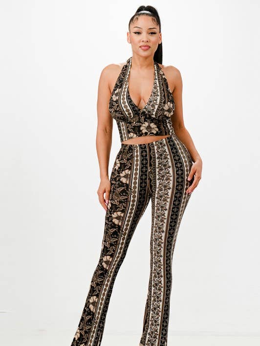 A2561-C-Print Holter Crop Top & Flare Pants Set (Copy) for wholesale by April Moon