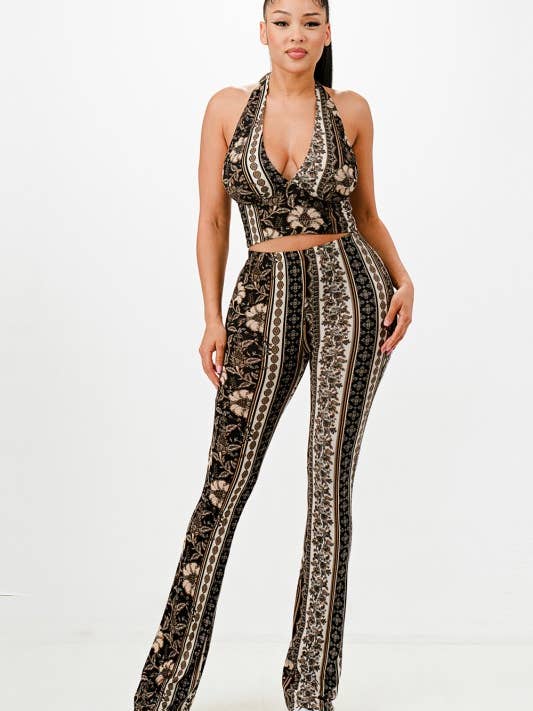 A2561-C-Print Holter Crop Top & Flare Pants Set for wholesale by April Moon