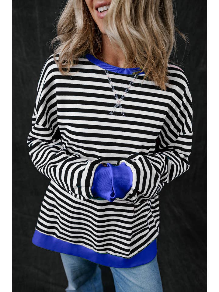 Amaryllis Apparel - Wholesale Sweatshirt - Women's - Stripe Oversized Contrast Trim Pullover Sweatshirt8