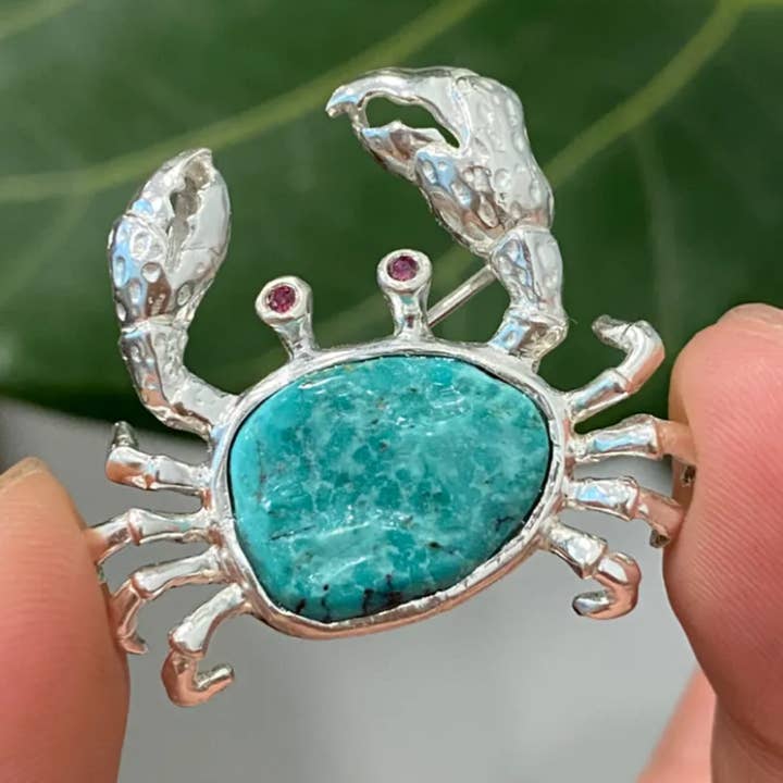 Crab Brooch Pendant in 925 Silver & Natural Turquoise | Handmade Zodiac Cancer Totem Jewelry | Gift for Her for wholesale by idjewelry