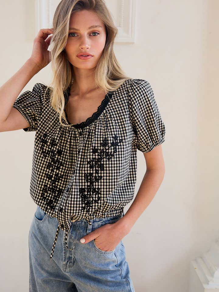 Floral Embroidered Gingham Puff Sleeve Blouse - RT1192 for wholesale by RAISONNEL