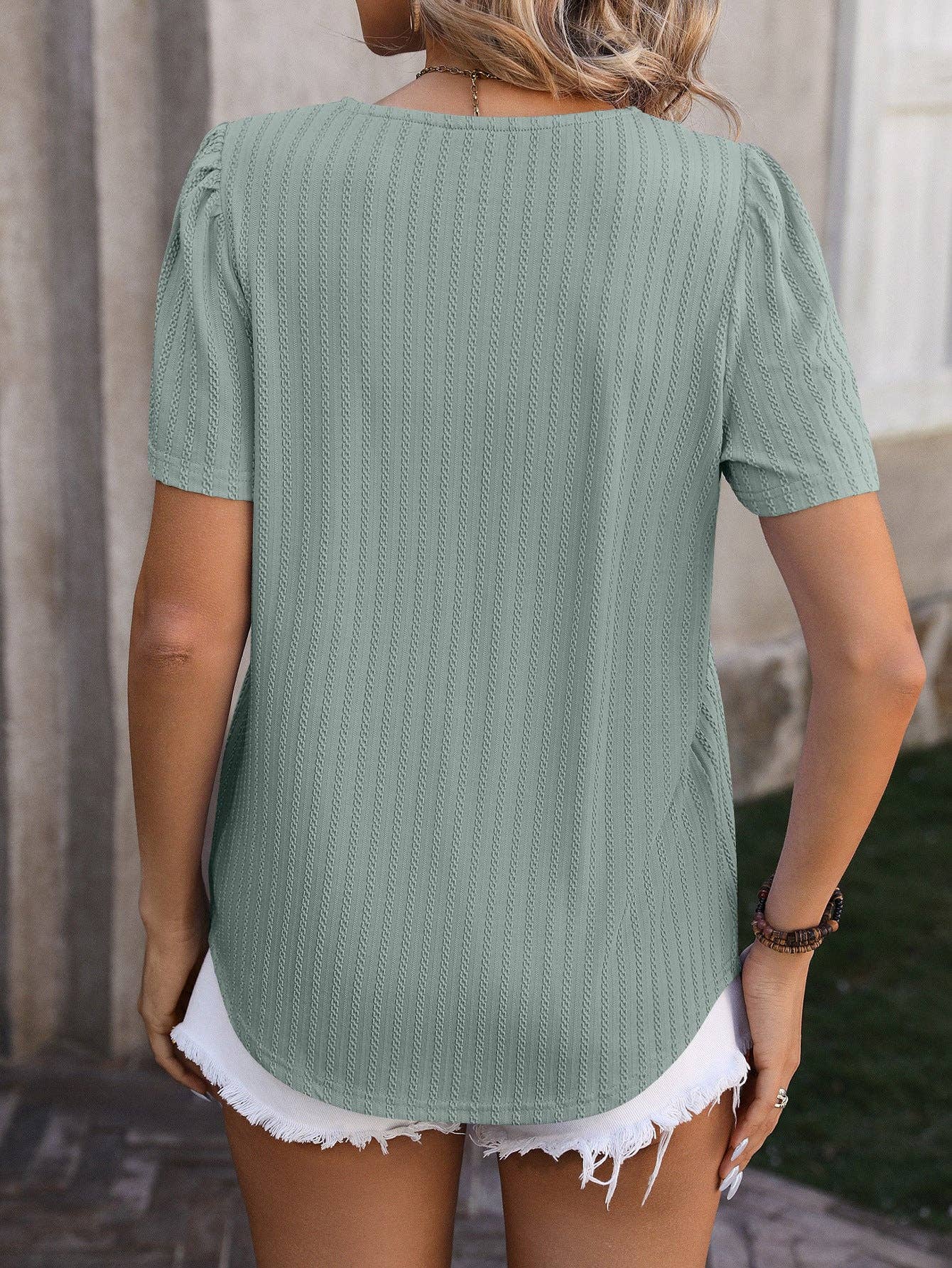 Lovesoft - Wholesale Blouse - Women's - Pleated Square Neck T Shirts Casual Petal Short Sleeve Blouses9