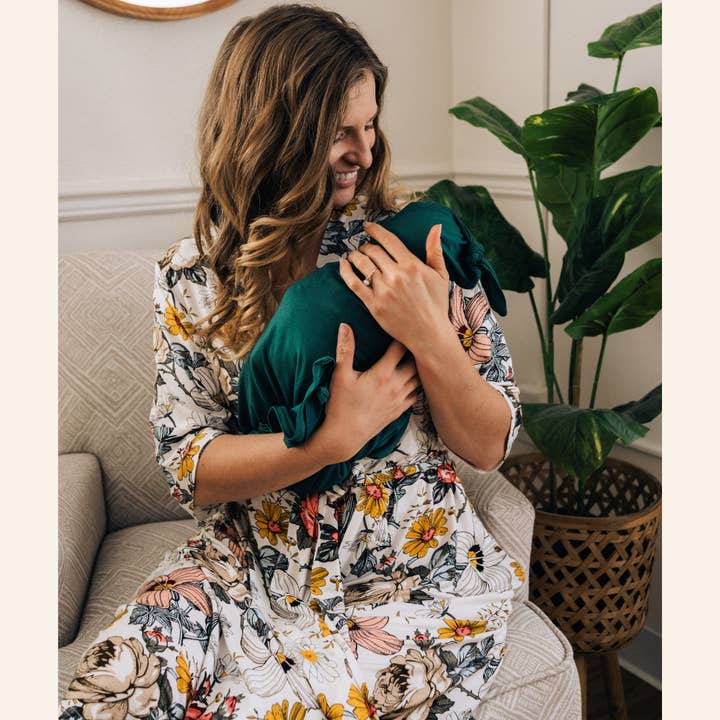 HAHA MAMA Clothing - Wholesale Robe - Women's - Vintage Floral Maternity Delivery Gown & Emerald Green Swaddle