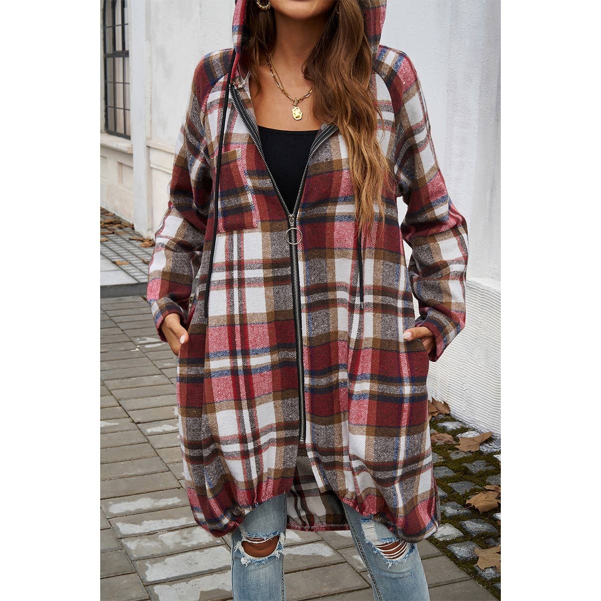 Supreme Fashion - Wholesale Coat - Women's - Plaid Zip Up Pockets Long Hooded Coat6