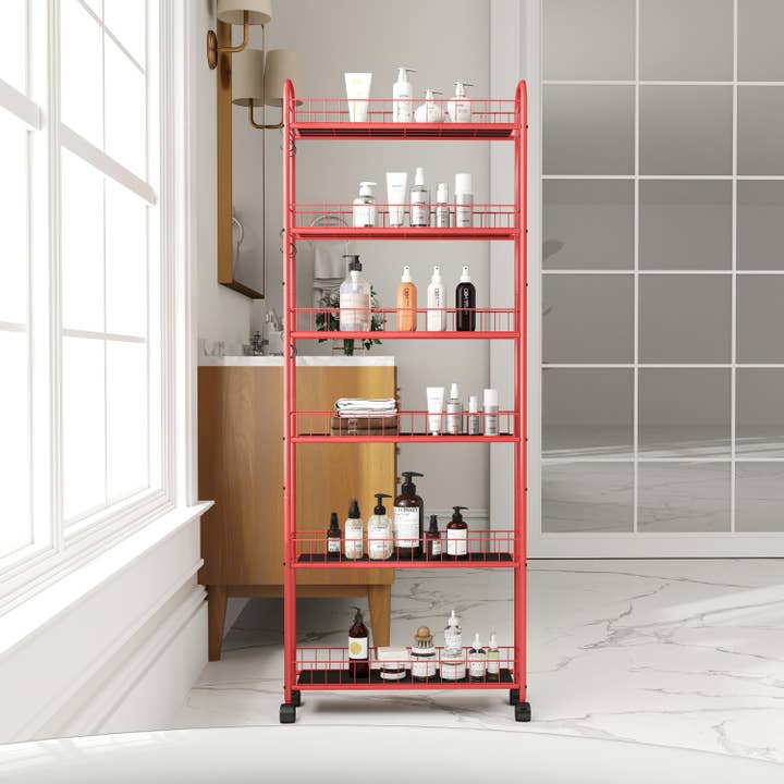 Orange County Decor - Wholesale Free Standing Shelf - Red 6 Tier Rolling Cart Gap Kitchen Slim Slide Out Storage Tower Rack With Wheels,6 Baskets,Kitchen,Bathroom Laundry Narrow Piaces Utility Cart Red Kitchen American Design,American Traditional Metal