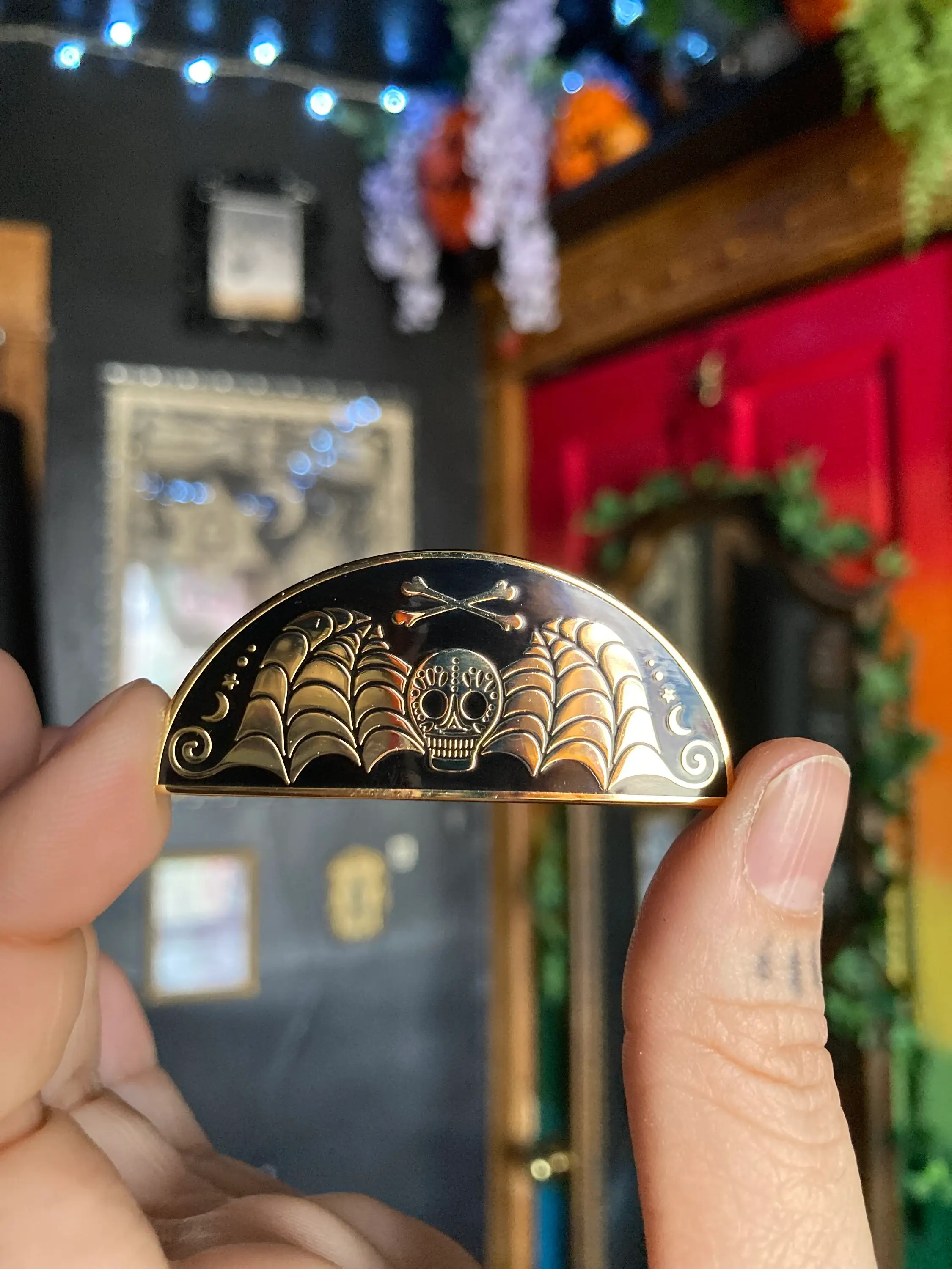 Soni Graves - Wholesale Lapel Pin/Button - Death's Head Pin: Golden Hard Enamel, Goth Spooky, Cemetery3