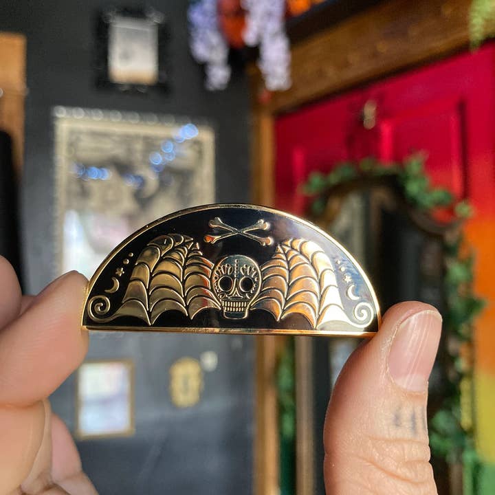 Soni Graves - Wholesale Lapel Pin/Button - Death's Head Pin: Golden Hard Enamel, Goth Spooky, Cemetery3