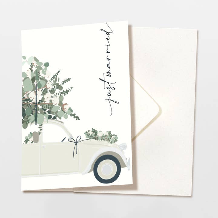 Tarjeta plegable recién casados coche crema eucalipto, papel FSC para venta al por mayor de Wildblumen Atelier