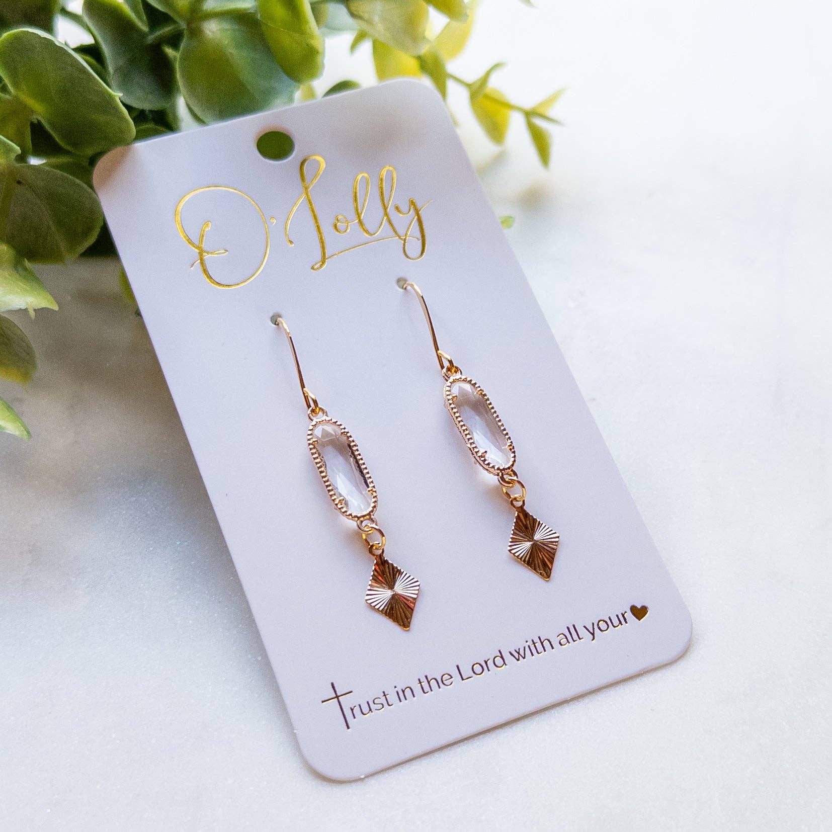 O’Lolly Jewelry - Wholesale Dangle Earrings - Dainty Clear Glass Oval Connector w/24K Gold Plated Textured Charm Earrings “Dani”1