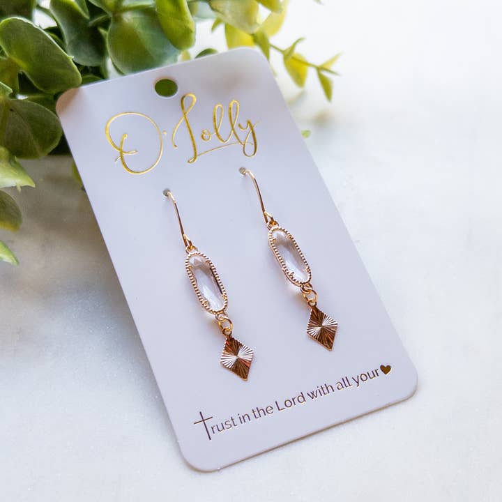 O’Lolly Jewelry - Wholesale Dangle Earrings - Dainty Clear Glass Oval Connector w/24K Gold Plated Textured Charm Earrings “Dani”1