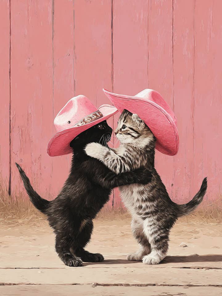 Cowgirl Kittens Wrestling Art Print - 8"x10" Artwork for wholesale by Mowbi