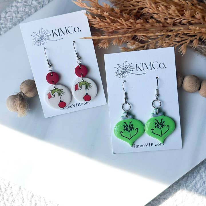 Polymer Clay Earrings - Christmas - Grinch (2 designs) for wholesale by KIMCo.